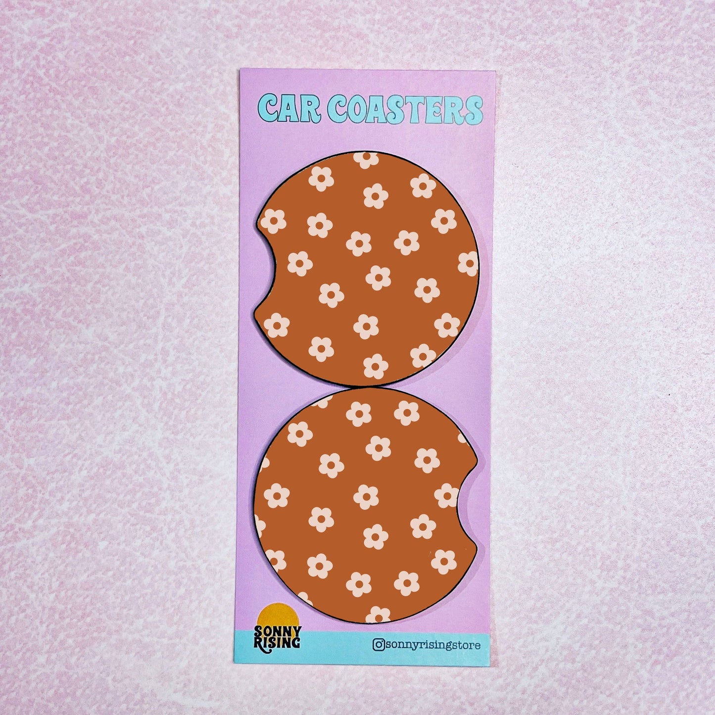 2 Car Coasters, Fall Orange Daisy Pattern