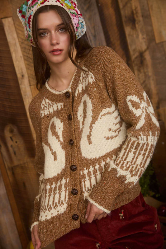 Swan Jacquard Button Down Cardigan