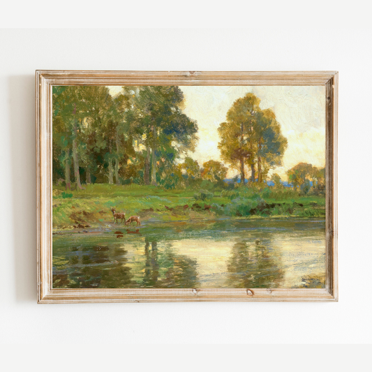 Deer at the Pond Antique Art Print
