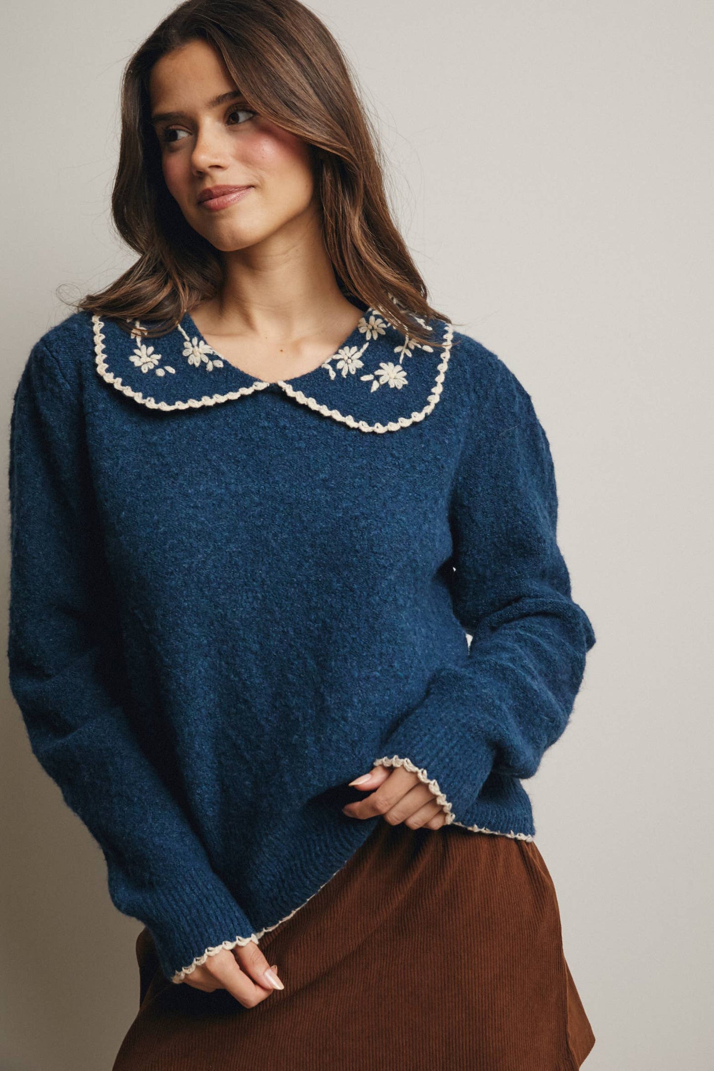 Daisy Embroidered Collar Knit Sweater