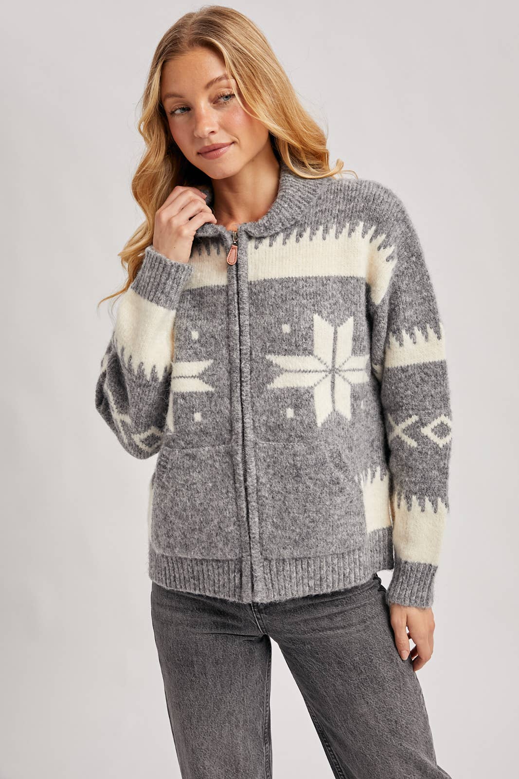 Fair Isle Knit Zipper Cardigan