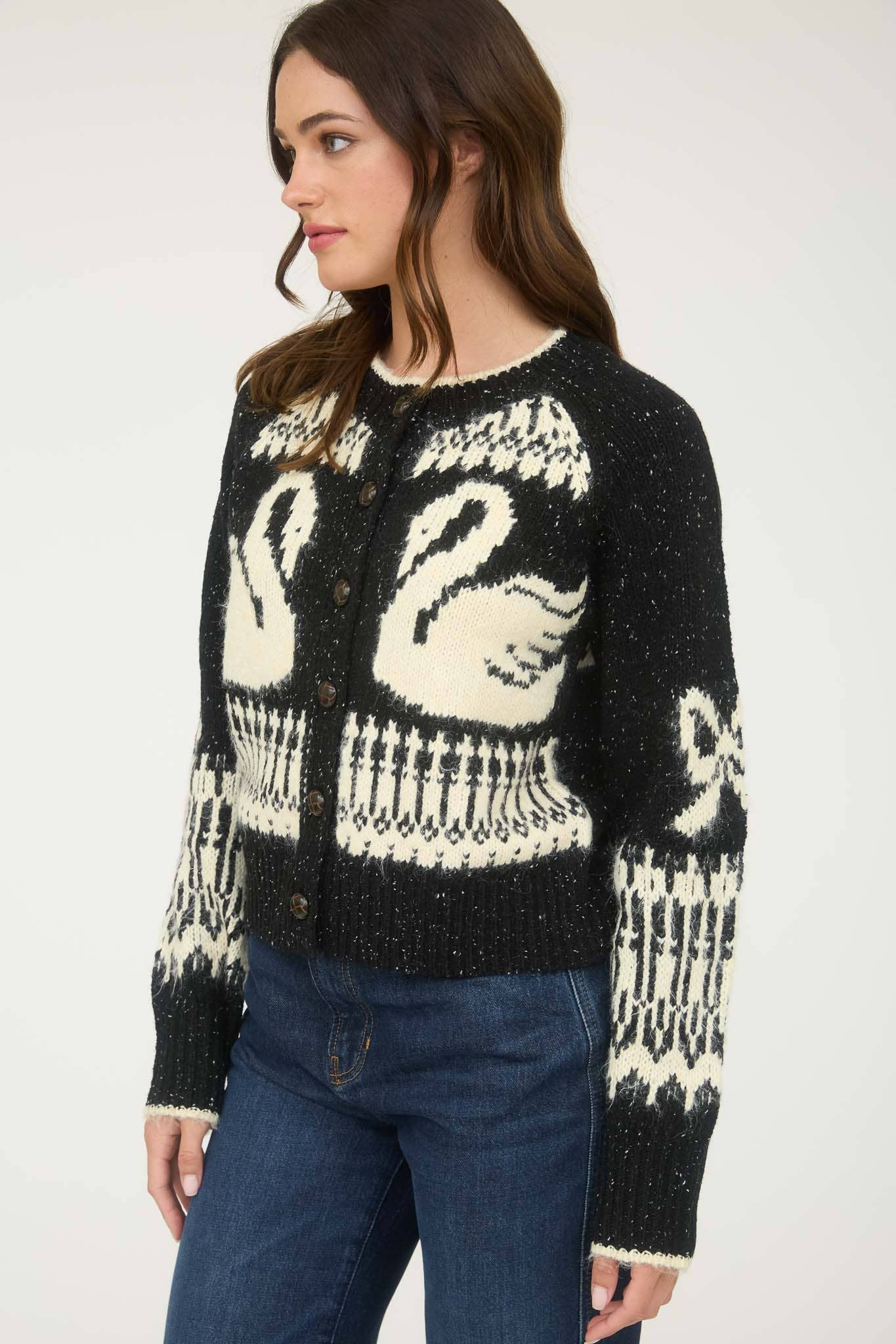 Swan Jacquard Button Down Cardigan