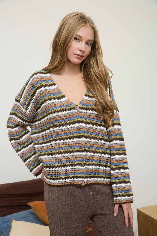 Multicolor Stripe V Neck Cardigan