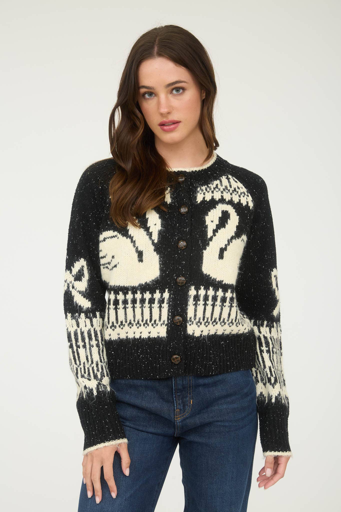 Swan Jacquard Button Down Cardigan