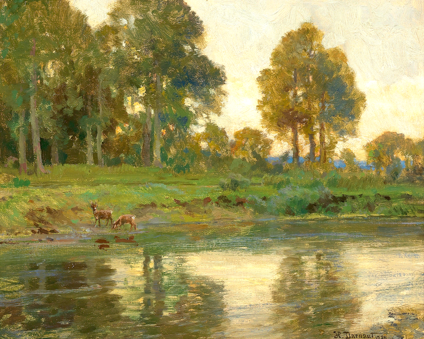 Deer at the Pond Antique Art Print