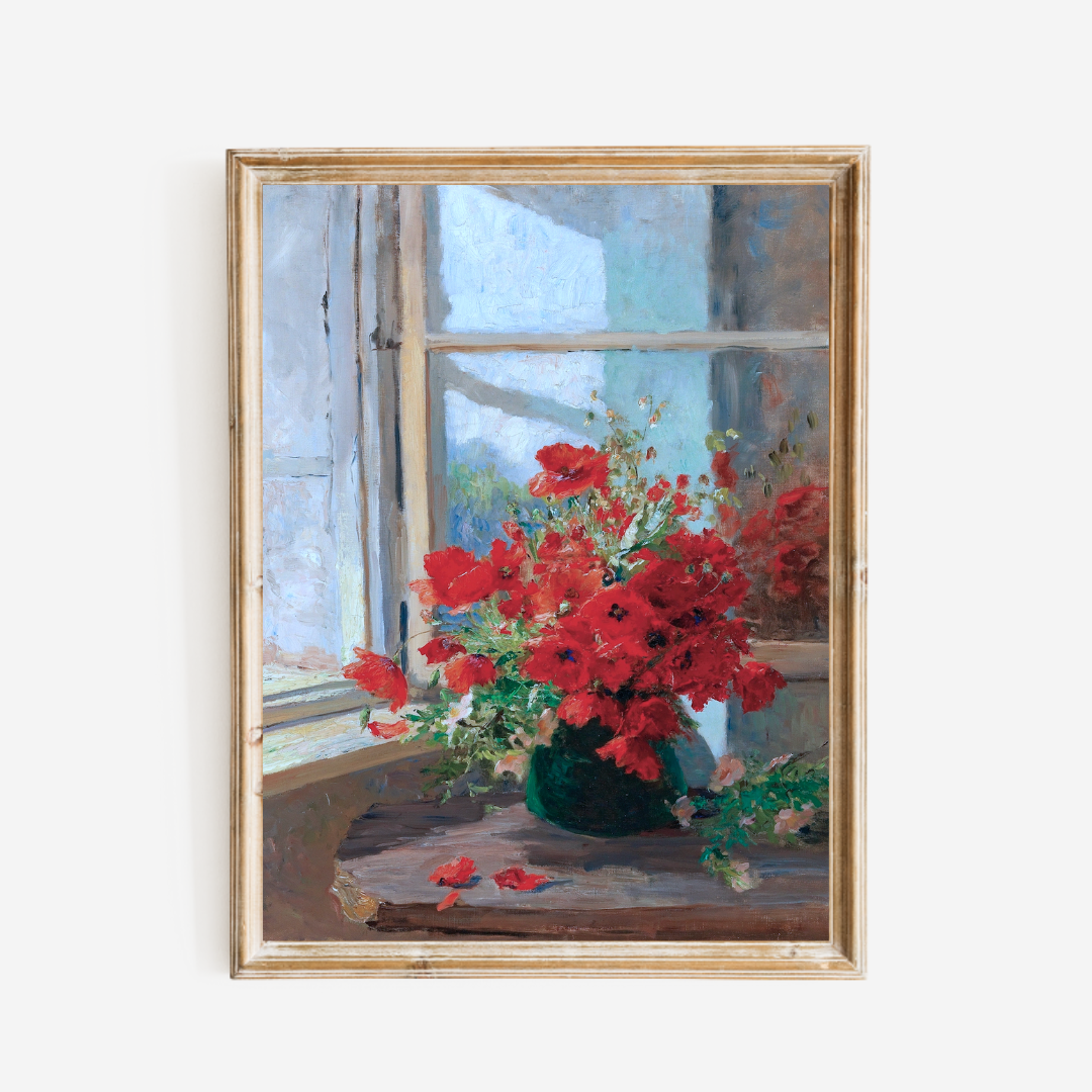 Poppies by the Window Antique Art Print